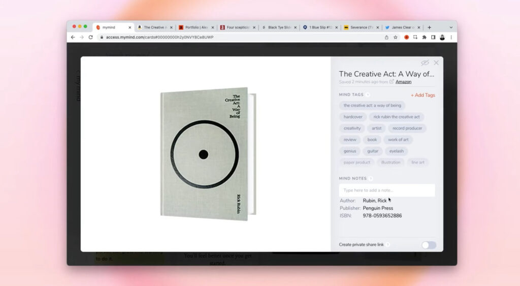 The mymind interface showing a book with tags associated with it.